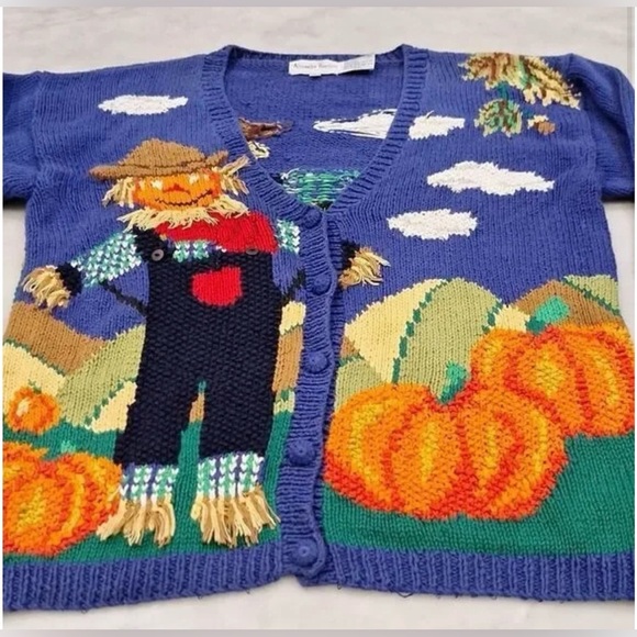 Vintage Alexandra Bartlett Knitted Fall Scarecrow Pumpkin Cardigan Sweater 90s 🎃 - Picture 2 of 6